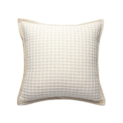 Cream-colored waffle-weave pillow with subtle beige border complementing decorbites geometric line embroidered suede pillowcase
