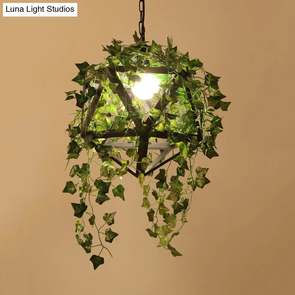 Geometric Metal LED Pendant Light with Plant Decor in Black