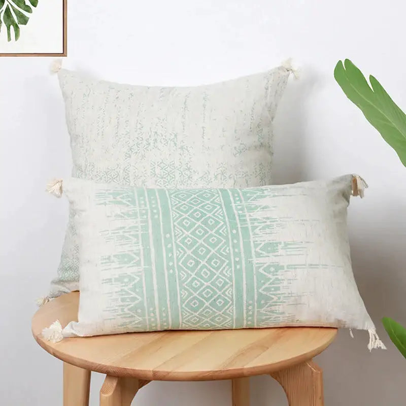 Rectangular mint green and off-white geometric mosaic cotton crochet tassel cushion cover for living room decorbites
