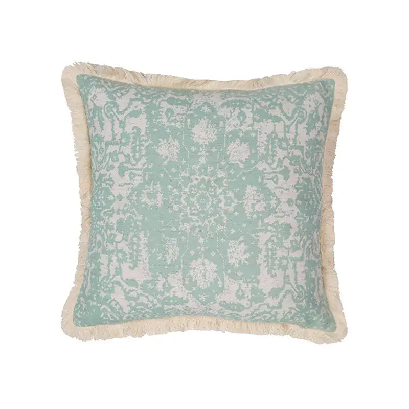 Square cushion cover with light mint green and off-white damask pattern and cream cotton crochet tassel fringe decorbites cotton crochet