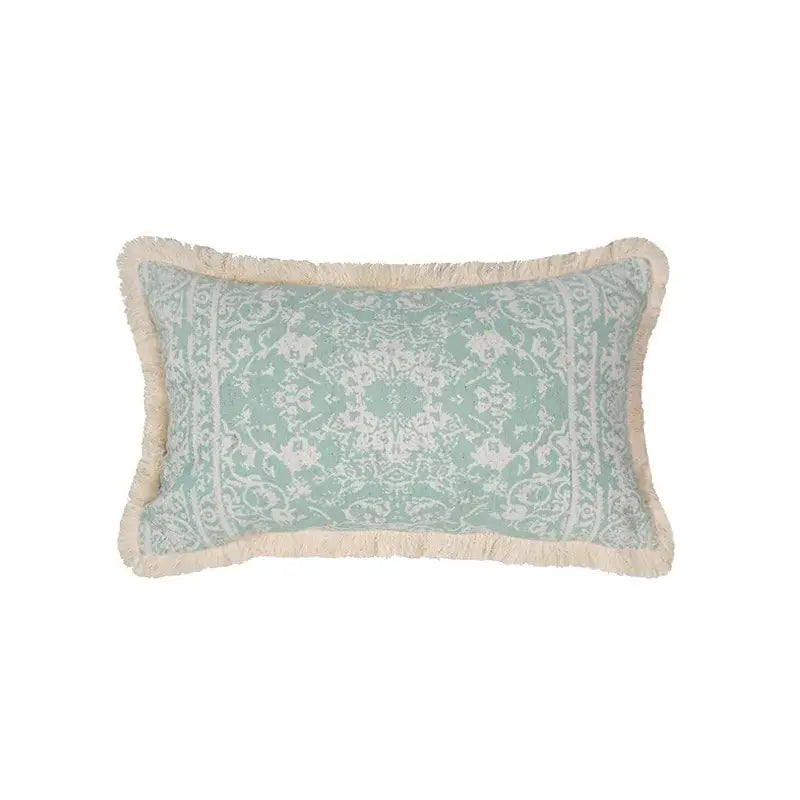 Rectangular teal cushion cover with white ornate pattern and cream fringe cotton crochet tassel decorbites design