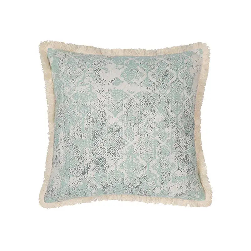 Square cushion cover with light mint green distressed damask pattern and cream fringe cotton crochet tassel decorbites cotton crochet
