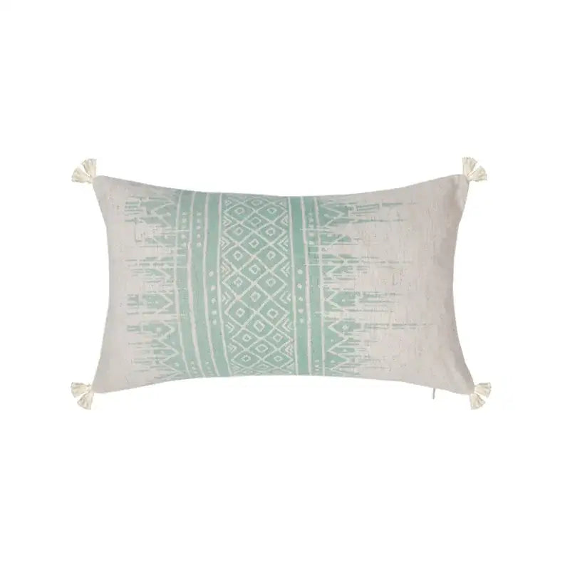 Rectangular off-white cushion cover with mint green geometric cotton crochet tassel design for living room decorbites