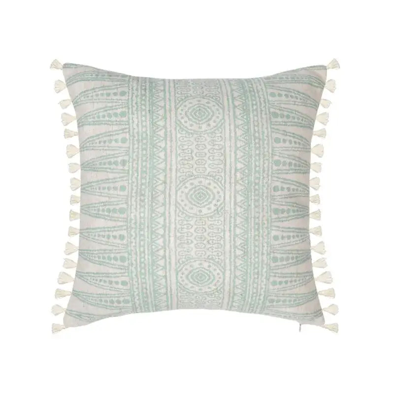 A square light mint green and off-white geometric cotton crochet tassel cushion cover by decorbites