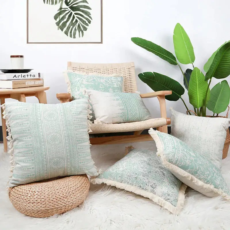 Mint green geometric mosaic cotton crochet tassel cushion cover with white fringe for living room decorbites decor