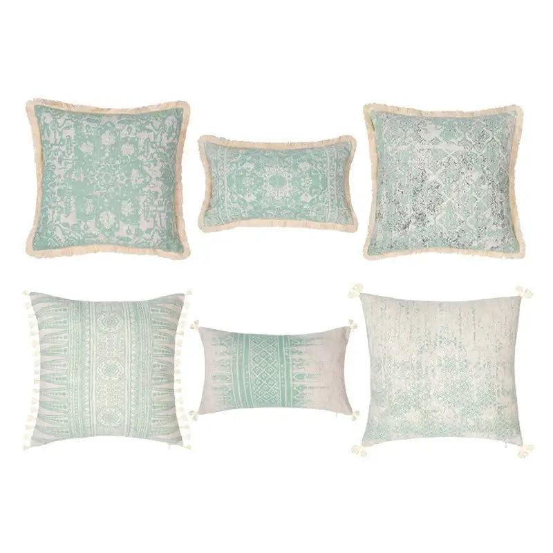 Set of six mint and cream geometric mosaic cotton crochet tassel cushion covers with intricate woven patterns for living room decorbites cotton crochet