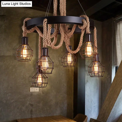 Geometric Natural Rope Chandelier in Brown for Rustic Ambiance