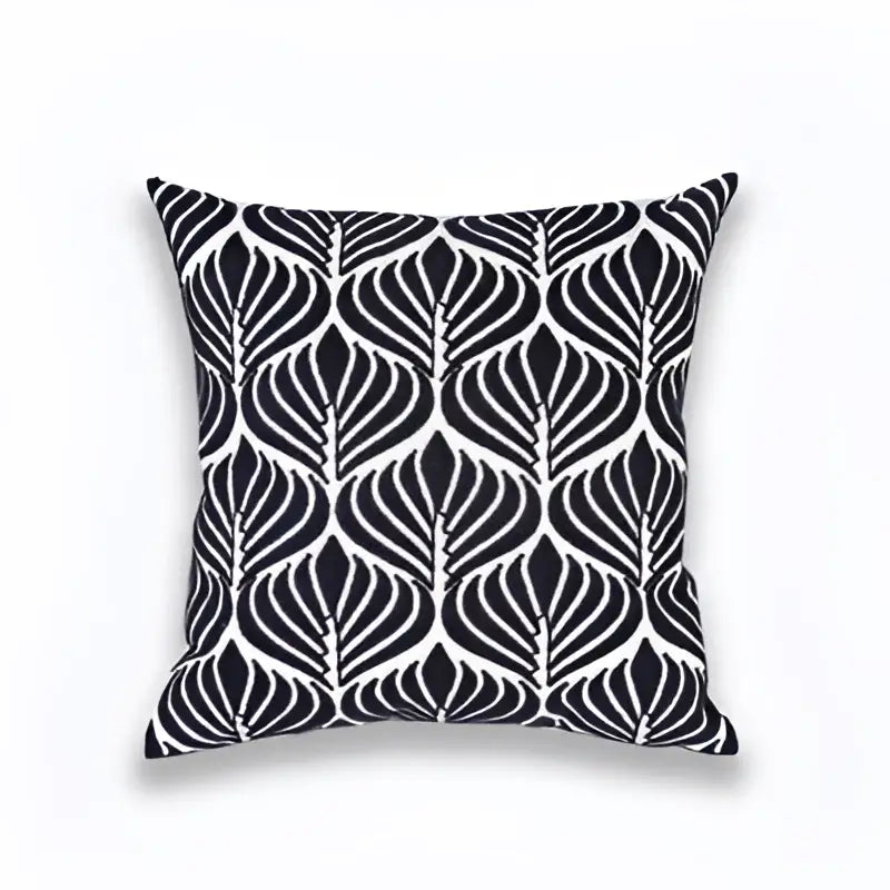 Black and white cushion cover with a repeating geometric leaf pattern for decorbites blue zigzag living room decor
