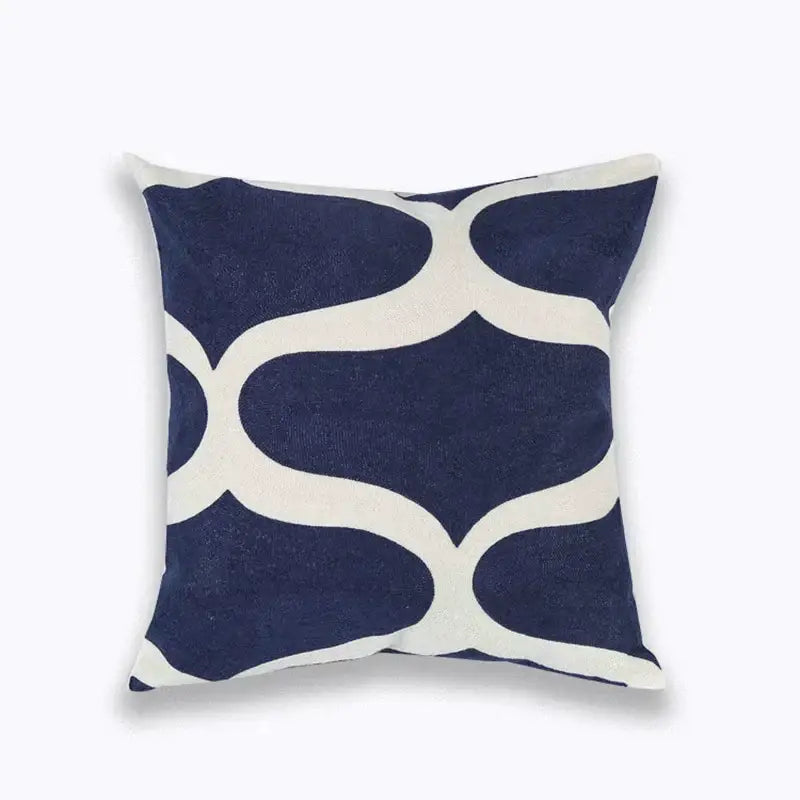 Navy blue and cream geometric cushion cover featuring blue zigzag geometric pattern for living room decorbites decor