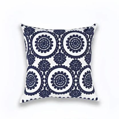 Square cushion cover with navy blue and white circular floral pattern for elegant living room decorbites blue zigzag decor