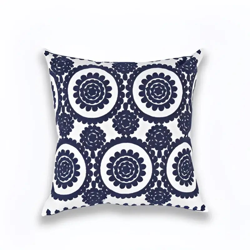 Square cushion cover with navy blue and white circular floral pattern for elegant living room decorbites blue zigzag decor