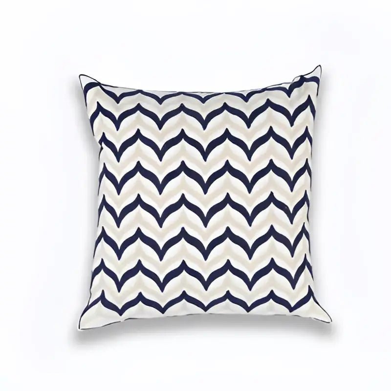 Square cushion cover with bold navy blue and off-white zigzag pattern and clean stitched edges for living room decorbites blue zigzag