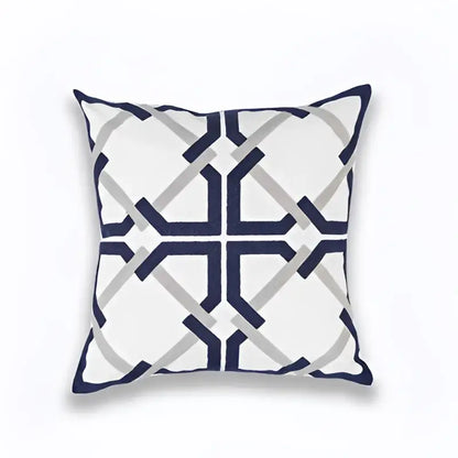 A square cushion cover with a blue zigzag geometric pattern in navy and gray for living room decorbites decor