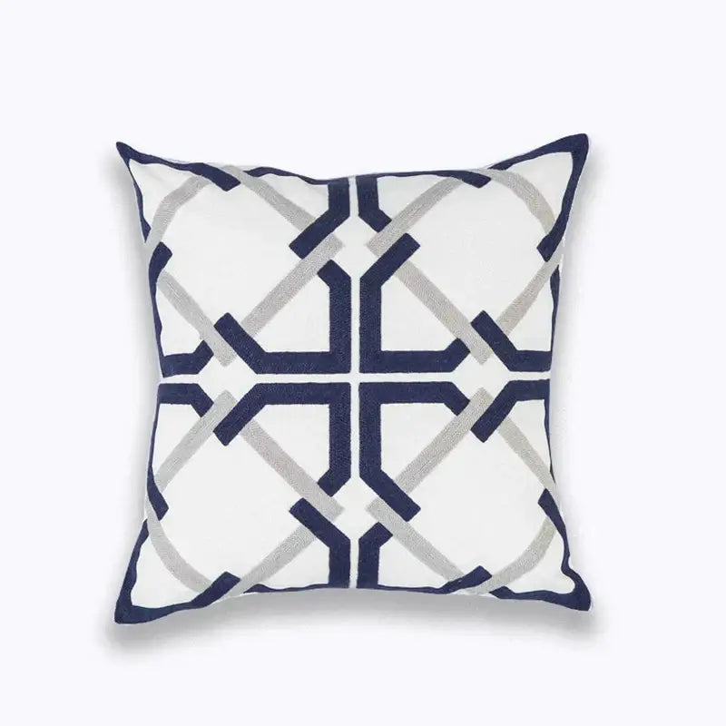 White throw pillow with navy blue and gray blue zigzag geometric embroidery cushion cover for living room decorbites decor