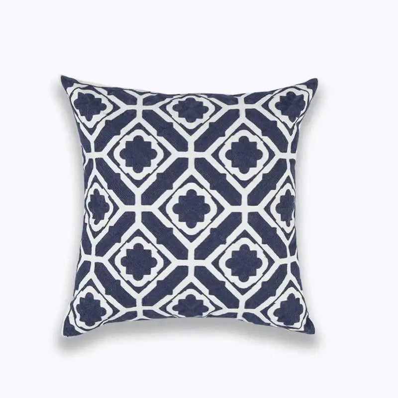 Geometric navy blue and white cushion cover with blue zigzag geometric pattern in textured woven fabric for decorbites decor