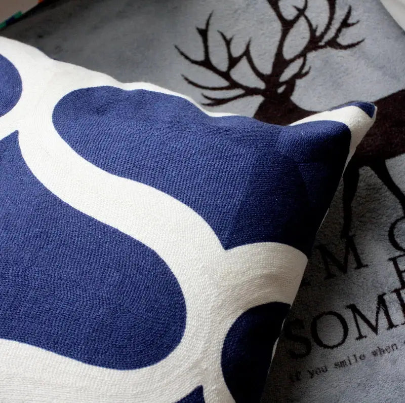Blue zigzag geometric cushion cover with textured fabric in navy blue and gray for living room decorbites decor