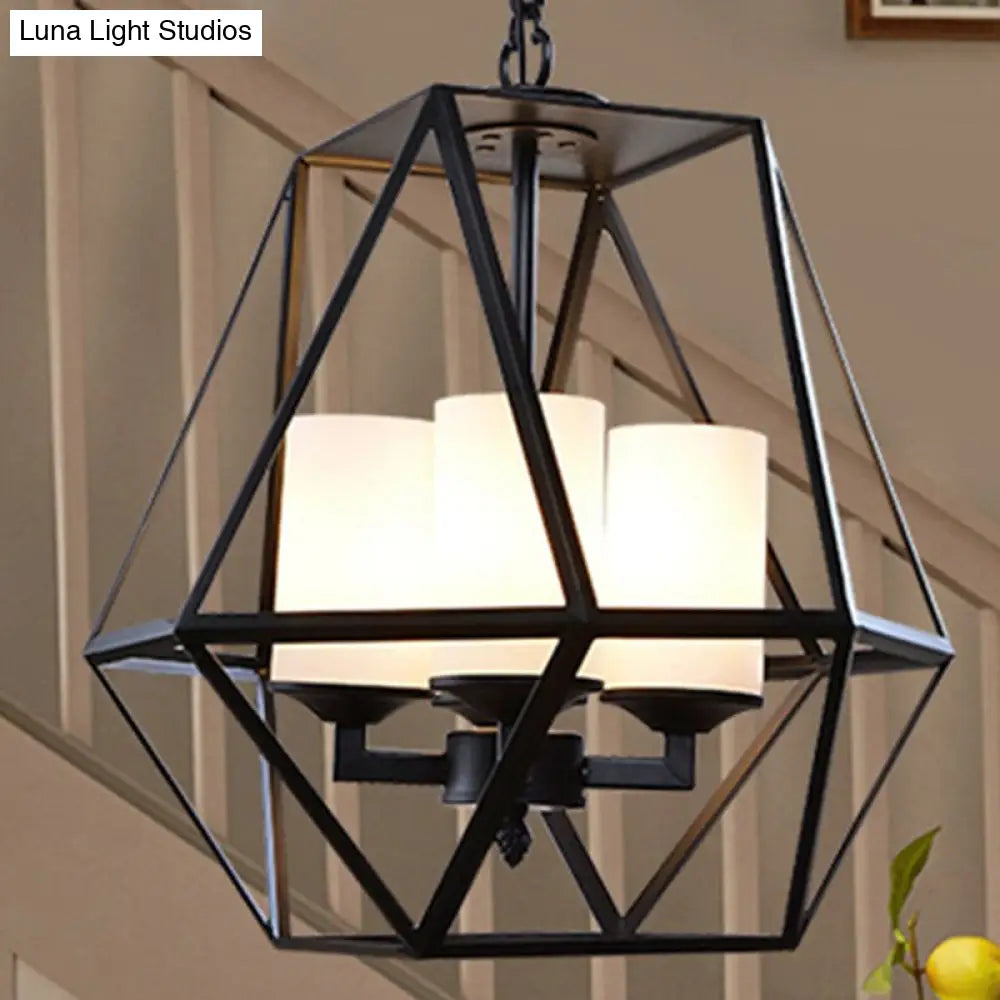Geometric Opal Glass Dining Room Pendant Chandelier | Industrial Black Hanging Fixture with Cage | 3/4 Light