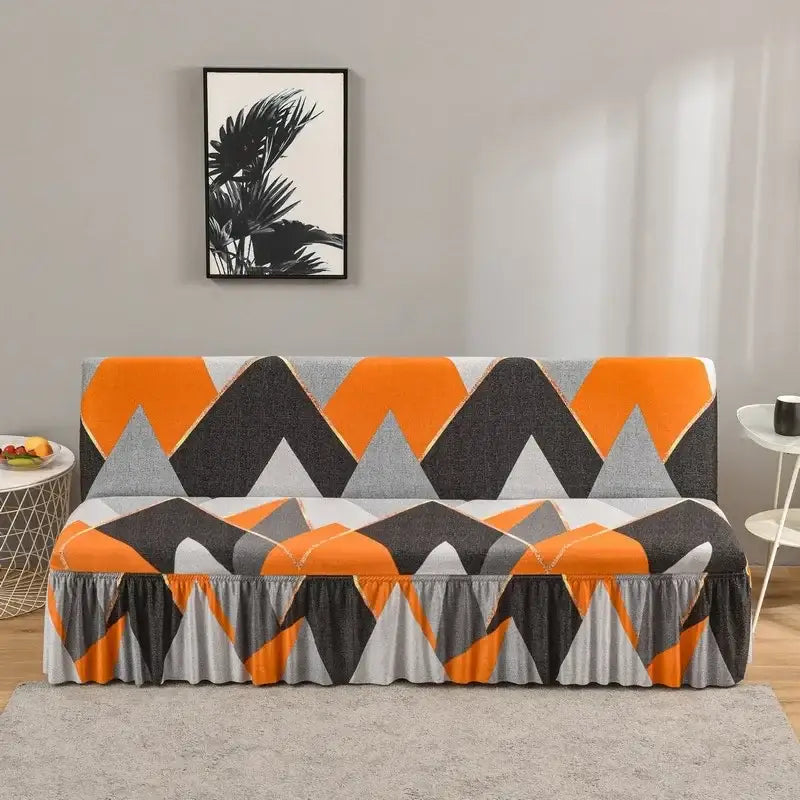 Geometric orange gray and black elastic armless futon sofa cover with ruffled hem for living room sofa cover