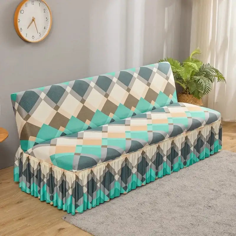 A stretchy elastic armless futon sofa cover in teal beige and gray geometric patterns with a ruffled hem for living rooms