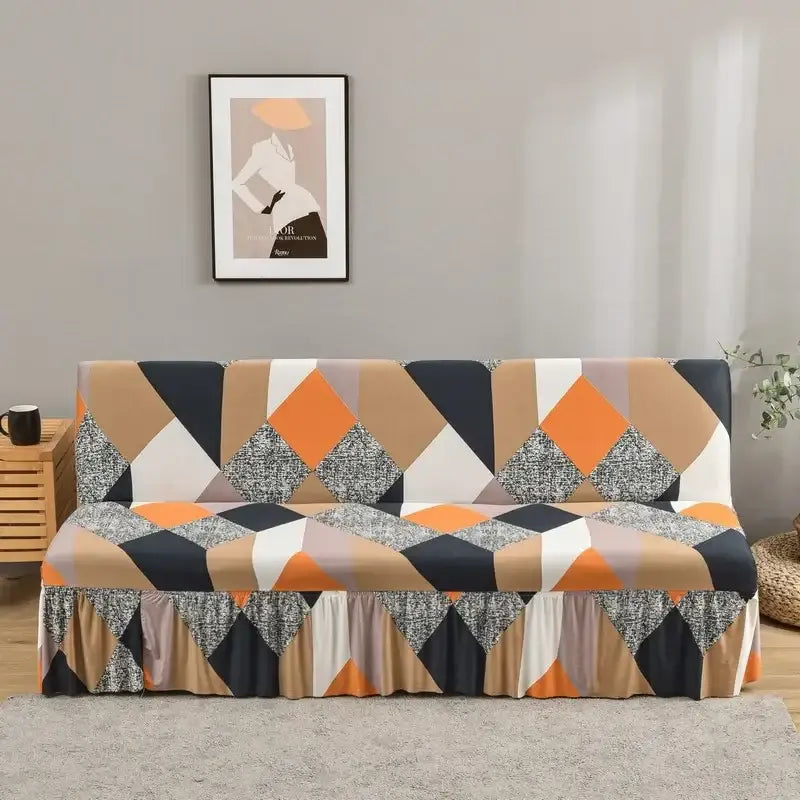 Geometric orange black and beige elastic armless futon sofa cover with textured fabric for living room sofa cover