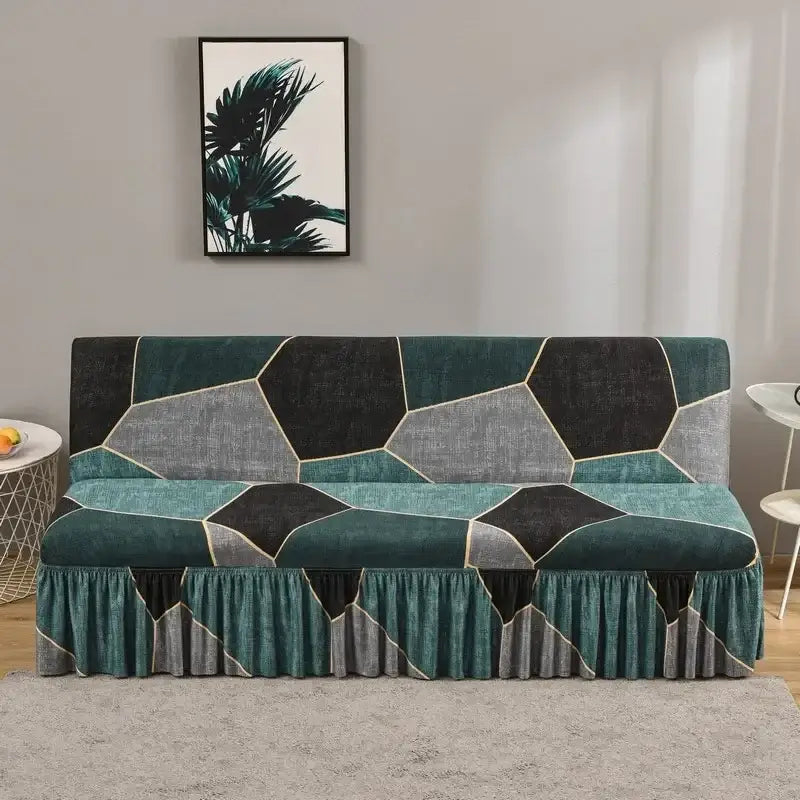 Teal and gray geometric-patterned elastic armless futon sofa cover with ruffled hem for living room sofa cover