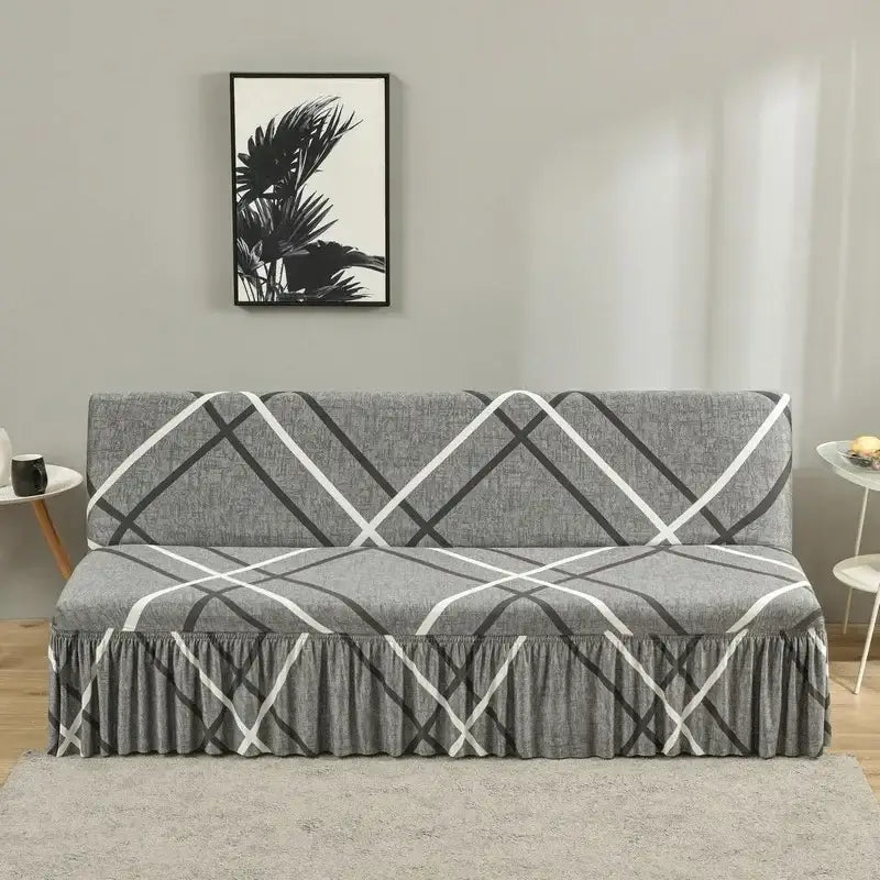 Gray geometric sofa cover with white and black diagonal lines and ruffled hem for elastic armless futon sofa