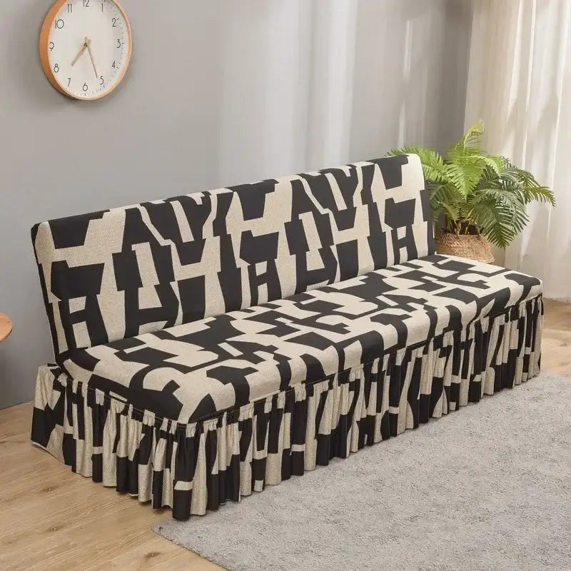 Black and cream geometric elastic armless futon sofa cover with ruffled hem for living room futon sofa