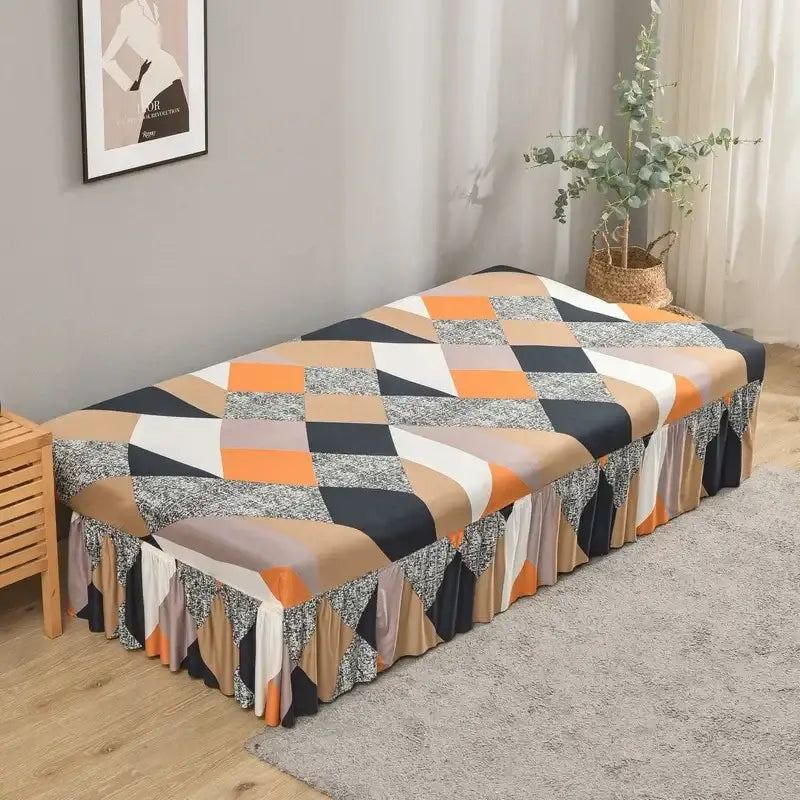 Cozy elastic armless futon sofa cover with geometric diamond pattern in orange black beige and gray tones for living room