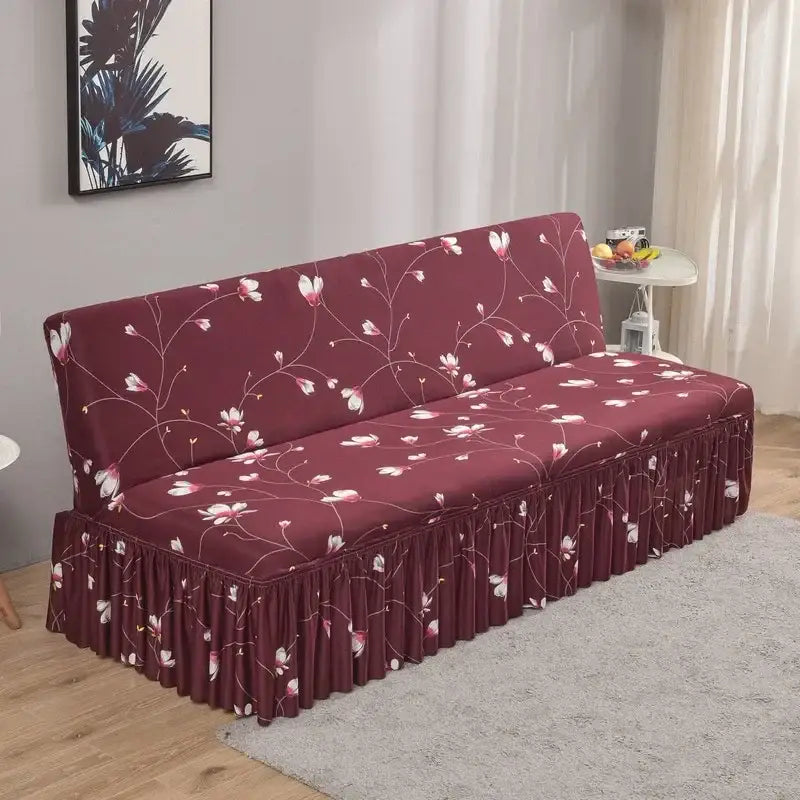 Maroon floral sofa cover with white blossoms and ruffled hem for elastic armless futon sofa in living room