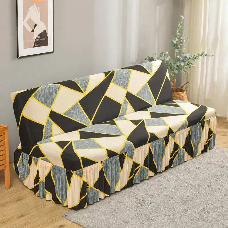 Black gray and cream geometric-patterned elastic armless futon sofa cover with yellow accents and ruffled hem for living room
