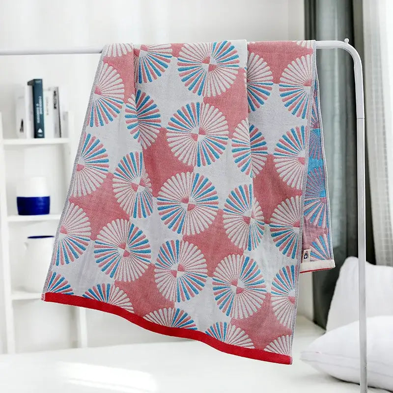 Pink and blue fan-patterned cotton gauze bath towel with red hem from decorbites cotton gauze bath towel set