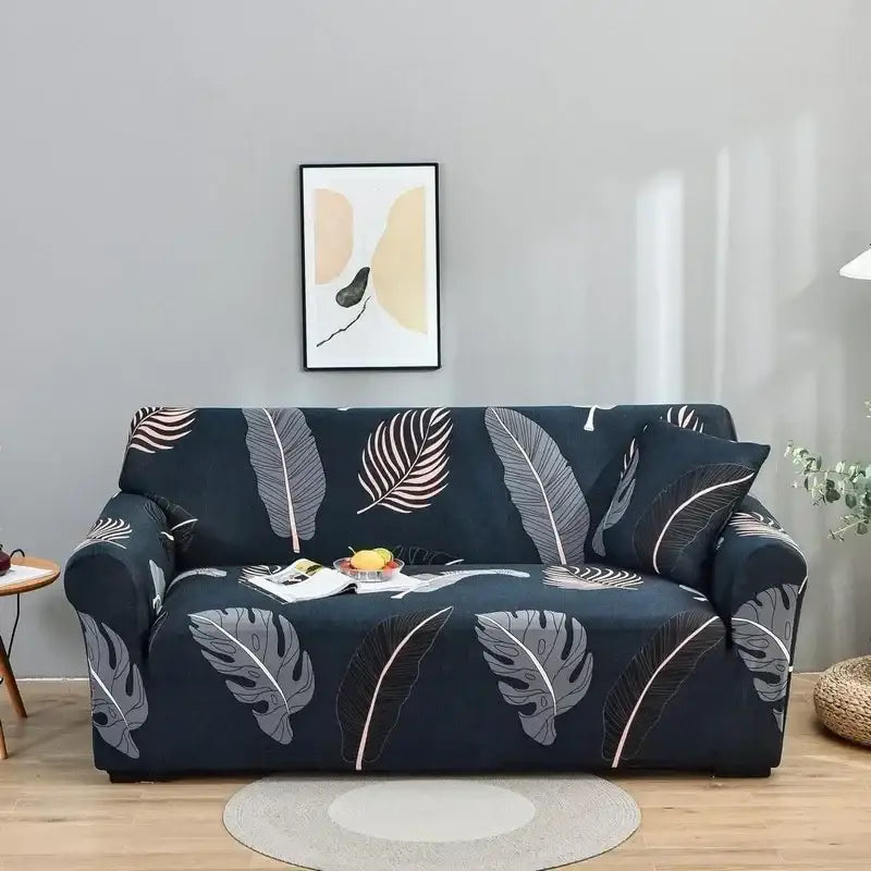 Navy blue stretch sofa cover with gray and rose gold tropical leaves pattern for decorbites colorful block sofa covers