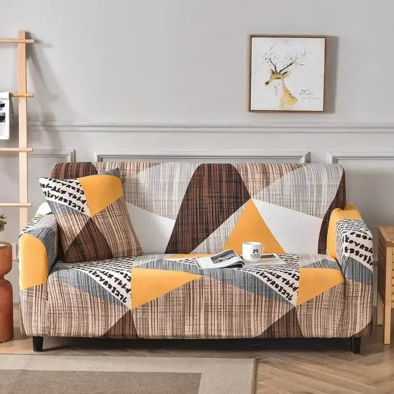 Geometric orange and gray colorful block sofa cover in yellow brown gray and white stretchy fabric for living room decorbites colorful block sofa covers