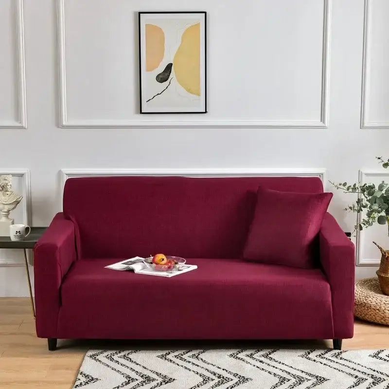 Burgundy stretch fabric sofa cover with matching pillow from decorbites colorful block sofa covers collection for living room decor