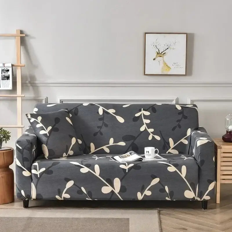 Dark gray stretch sofa cover with cream and black leafy vine pattern for decorbites colorful block sofa covers