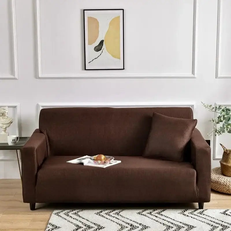 Brown fabric sofa cover with matching pillow featuring decorbites colorful block design for living room slipcover