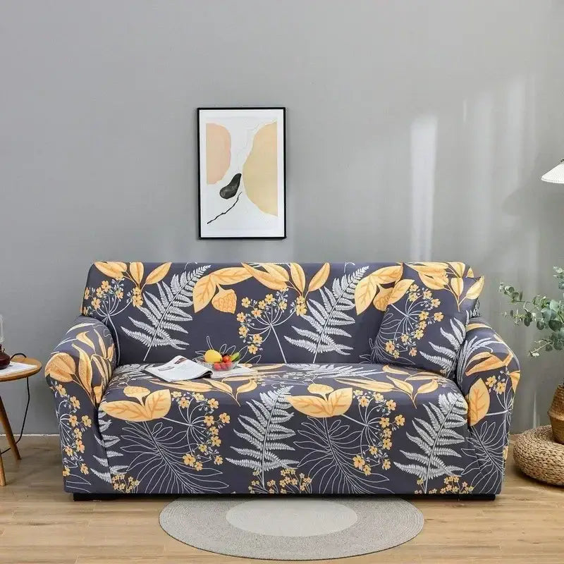Navy blue sofa cover with vibrant golden yellow and white leaves pattern for decorbites colorful block sofa covers