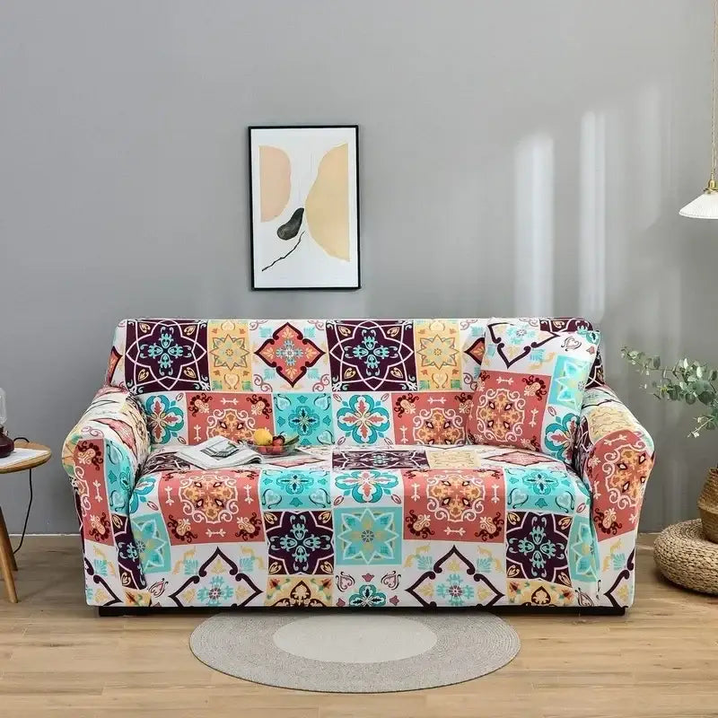 Vibrant stretchy sofa cover with geometric orange gray colorful block decorbites patterns for living room slipcover