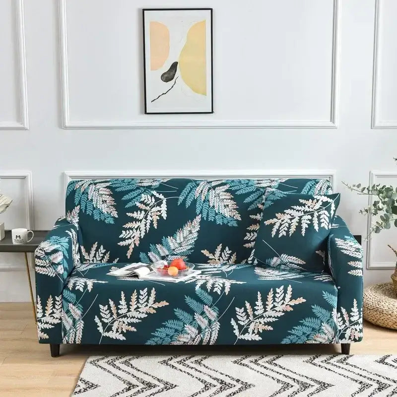 Teal fern-patterned stretch sofa cover with white and light blue accents for decorbites colorful block sofa covers