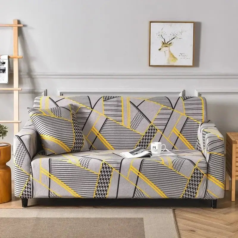 Gray and yellow geometric-patterned sofa covers with black accents for decorbites colorful block sofa living room slipcover