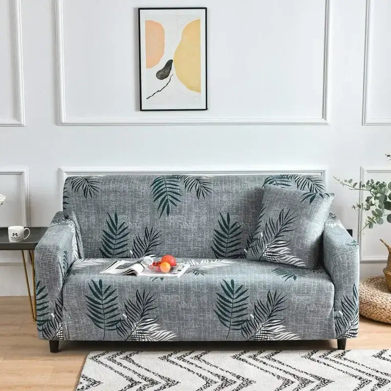 Gray tropical leaf sofa cover with elastic fit for couch in decorbites colorful block sofa living room slipcover