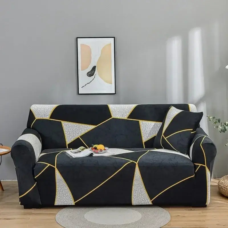 Black sofa cover with gold and white geometric patterns made of stretchy fabric for decorbites colorful block sofa covers