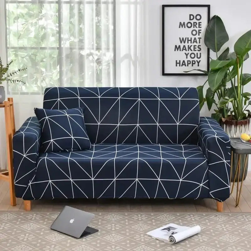 Navy blue geometric-patterned sofa cover with white triangular lines from decorbites colorful block sofa covers