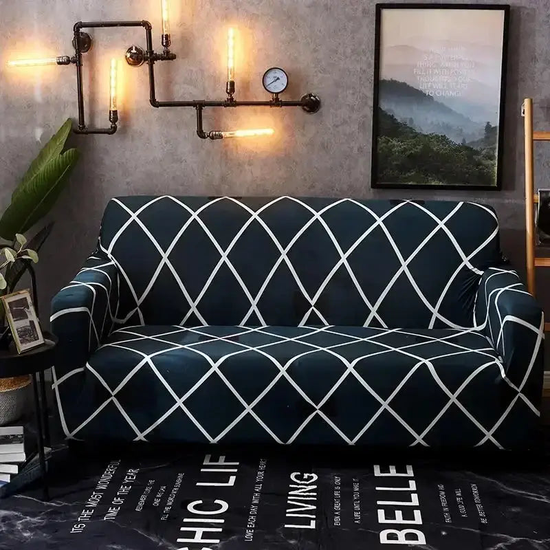 Navy blue sofa cover with bold white geometric diamond pattern from decorbites colorful block sofa covers collection