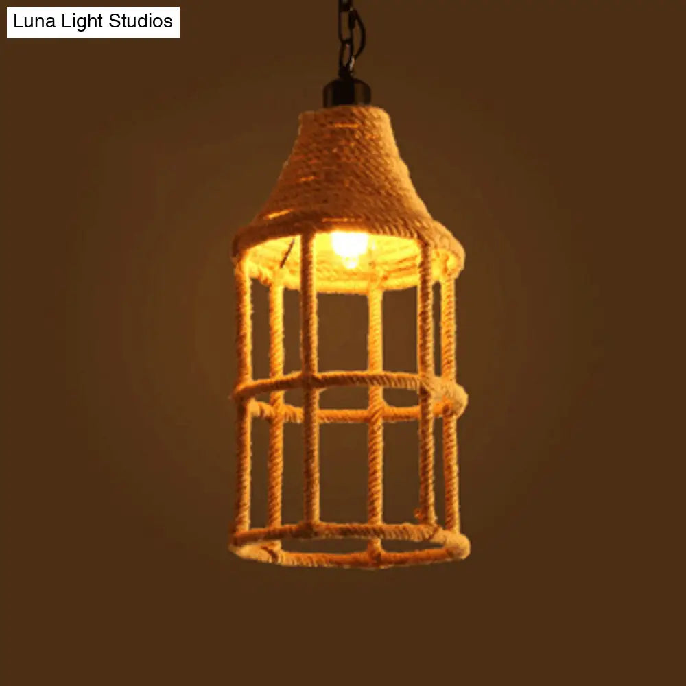 Geometric Pendant Light Kit - Industrial Beige Rope Hanging Lighting for Dining Room