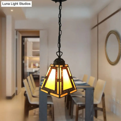 Geometric Pendant Light: Mission Style, Stained Glass, 1-Light, Yellow, for Bedroom Hanging