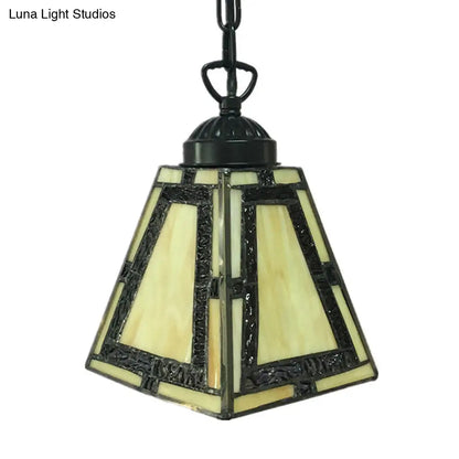 Geometric Pendant Light: Mission Style, Stained Glass, 1-Light, Yellow, for Bedroom Hanging