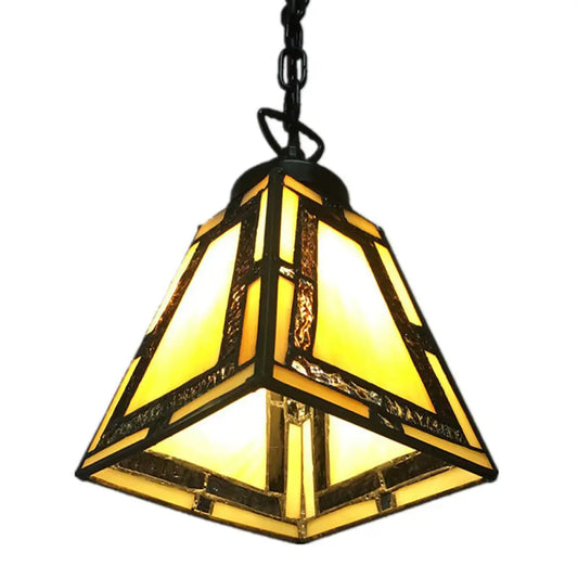 Geometric Pendant Light: Mission Style, Stained Glass, 1-Light, Yellow, for Bedroom Hanging