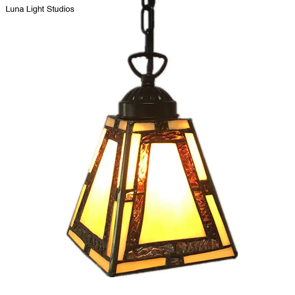 Geometric Pendant Light: Mission Style, Stained Glass, 1-Light, Yellow, for Bedroom Hanging