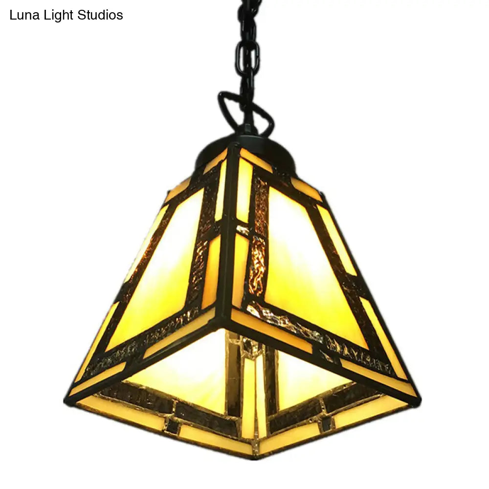 Geometric Pendant Light: Mission Style, Stained Glass, 1-Light, Yellow, for Bedroom Hanging